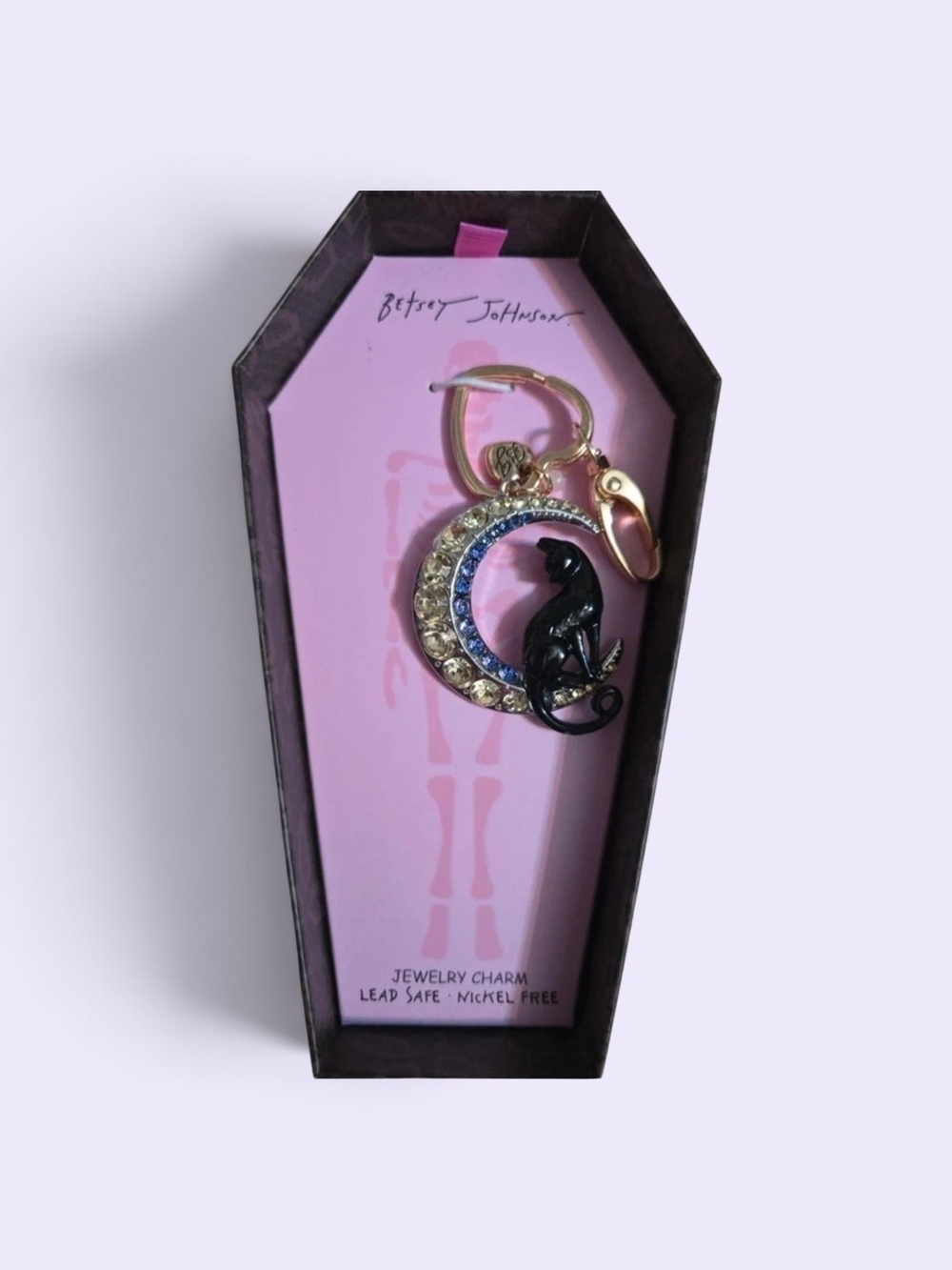 Betsey Johnson Black Cat Crescent Moon Keychain - Black & Gold